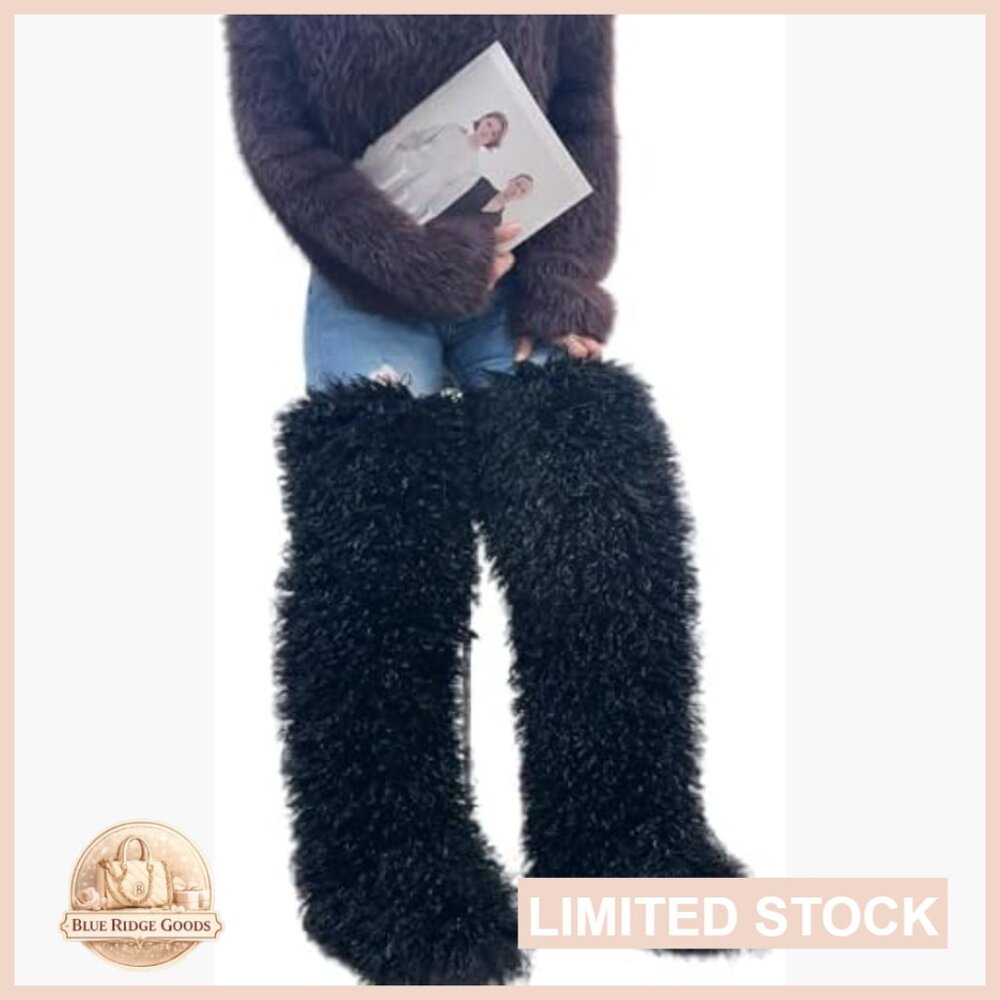 Plush Faux Fur Knee-High Boots - Black